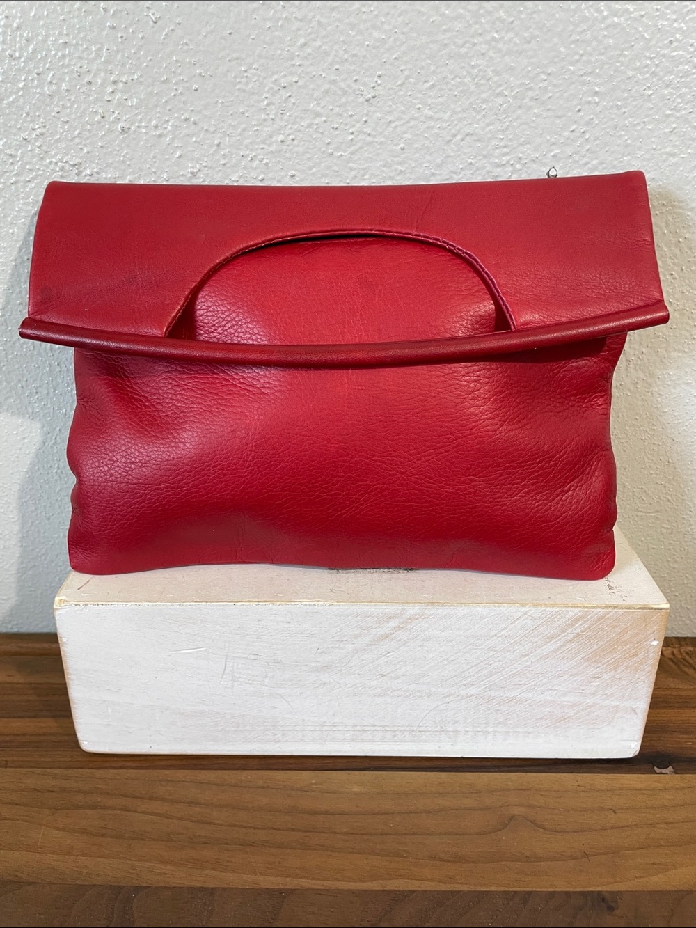 Red Fold-Over Leather Wristlet Clutch